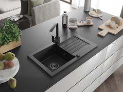 Mexen Pablo granite sink 1-bowl with drainer and Rita kitchen tap, black/silver metallic- 6510-73-670300-70-B