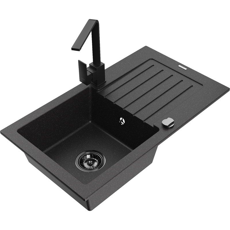 Mexen Pablo 1-compartment granite sink with a drip tray and kitchen mixer tap Rita, Black/Silver metallic- 6510-73-670300-70-B