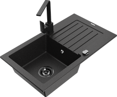 Mexen Pablo granite sink 1-bowl with drainer and Rita kitchen tap, black/silver metallic- 6510-73-670300-70-B