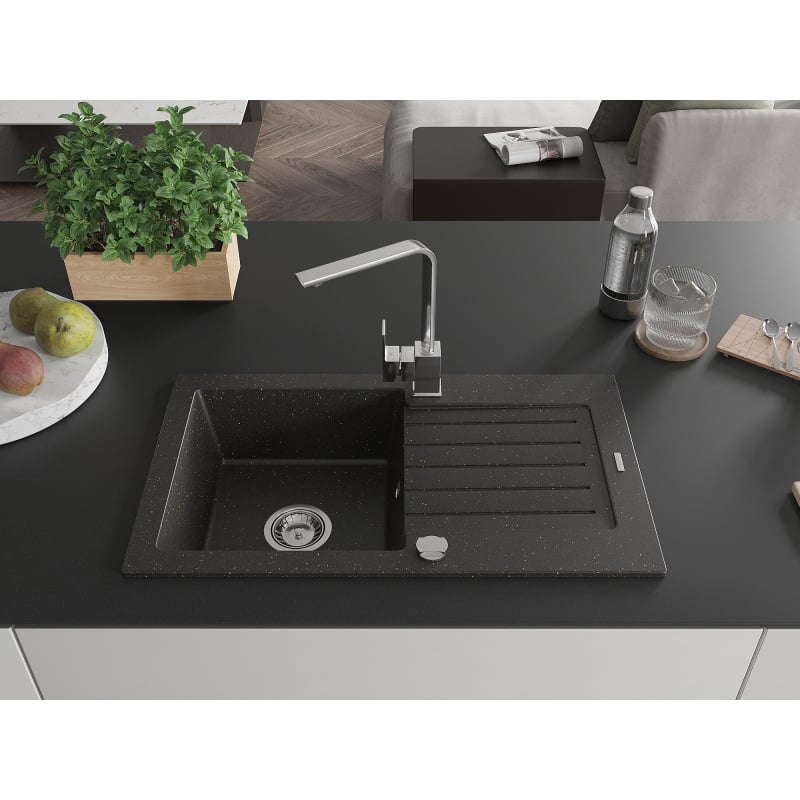 Mexen Pablo 1-bowl granite sink with drainer and Rita kitchen faucet, black/golden metallic - 6510-75-670300-00