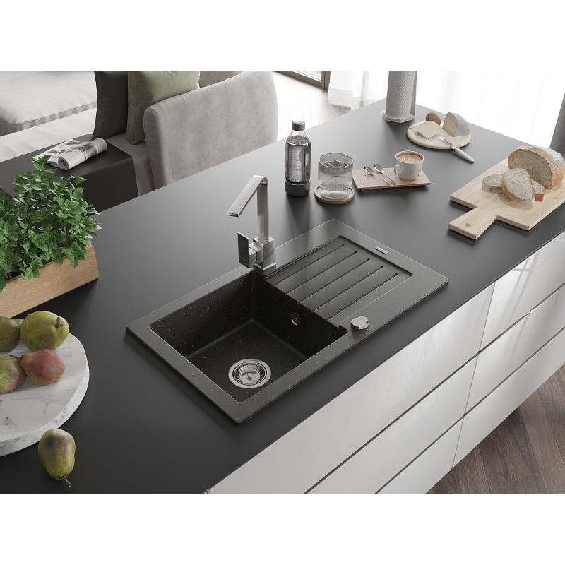 Mexen Pablo 1-bowl granite sink with drainer and Rita kitchen faucet, black/golden metallic - 6510-75-670300-00
