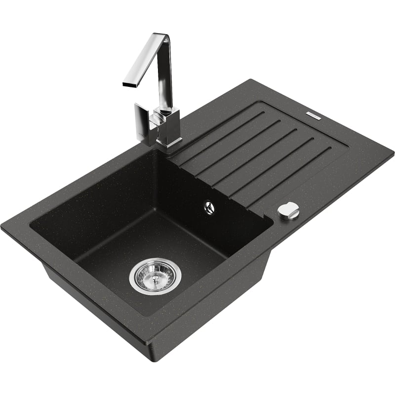 Mexen Pablo 1-bowl granite sink with drainer and Rita kitchen faucet, black/golden metallic - 6510-75-670300-00