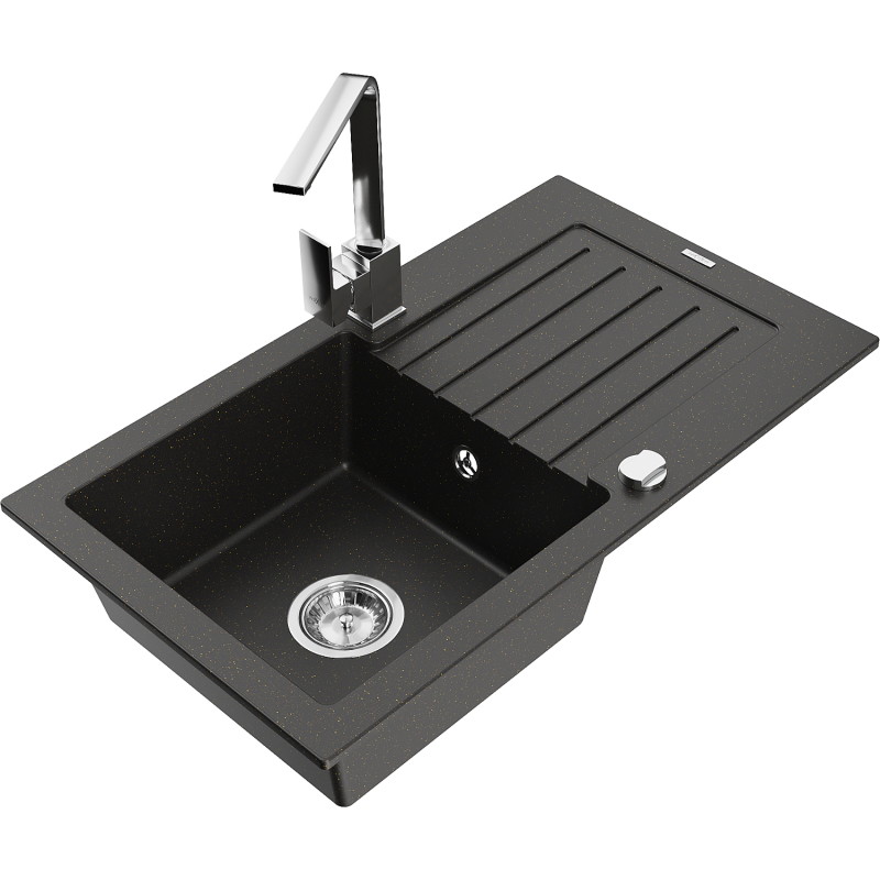 Mexen Pablo 1-chamber granite sink with drainer and Rita kitchen faucet, black/gold metallic - 6510-75-670300-00