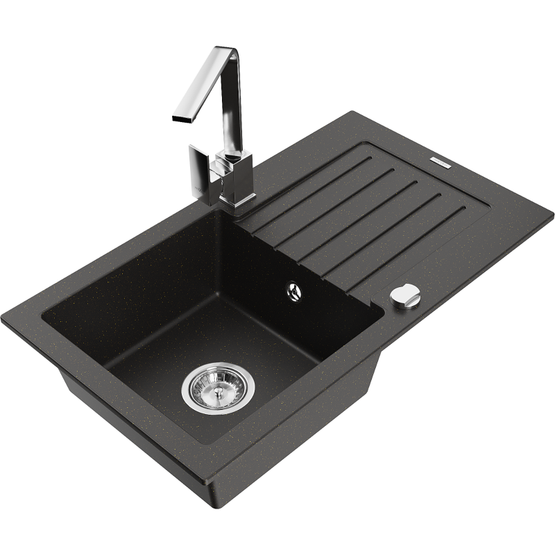 Mexen Pablo 1-compartment granite sink with a drip tray and kitchen mixer tap Rita, Black/Gold metallic- 6510-75-670300-00