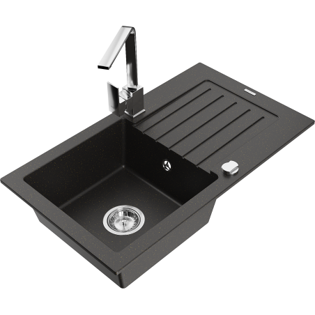 Mexen Pablo 1-bowl granite sink with drainer and Rita kitchen faucet, black/golden metallic - 6510-75-670300-00