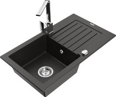 Mexen Pablo granite sink 1-bowl with drainer and Rita kitchen tap, black/gold metallic- 6510-75-670300-00