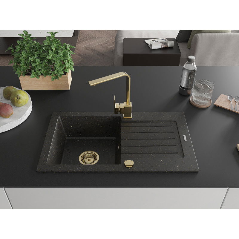 Mexen Pablo 1-bowl granite sink with drainer and Rita kitchen tap, black/golden metallic- 6510-75-670300-50