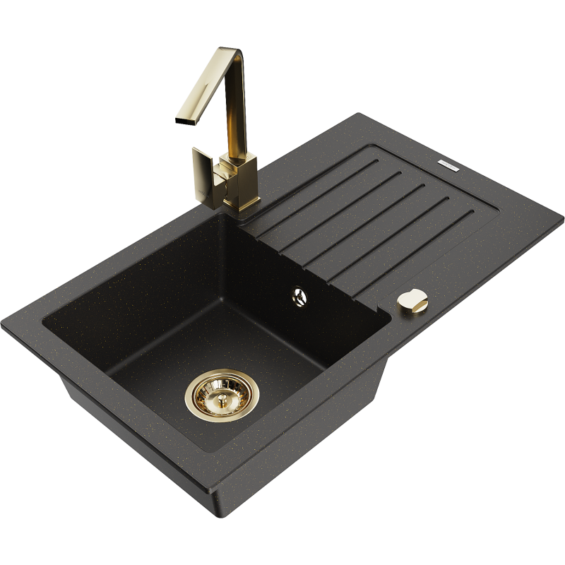 Mexen Pablo 1-compartment granite sink with a drip tray and kitchen mixer tap Rita, Black/Gold metallic- 6510-75-670300-50