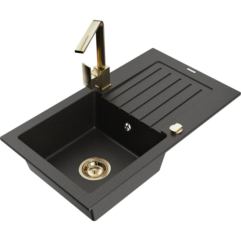 Mexen Pablo granite kitchen sink with 1 bowl and drainer with tap Rita, black/gold metallic - 6510-75-670300-50