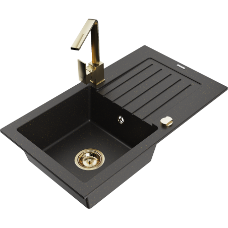 Mexen Pablo 1-bowl granite sink with drainer and Rita kitchen tap, black/golden metallic- 6510-75-670300-50
