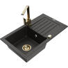 Mexen Pablo 1-bowl granite sink with drainer and Rita kitchen tap, black/golden metallic- 6510-75-670300-50