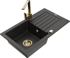 Mexen Pablo 1-bowl granite sink with drainer and Rita kitchen tap, black/golden metallic- 6510-75-670300-50