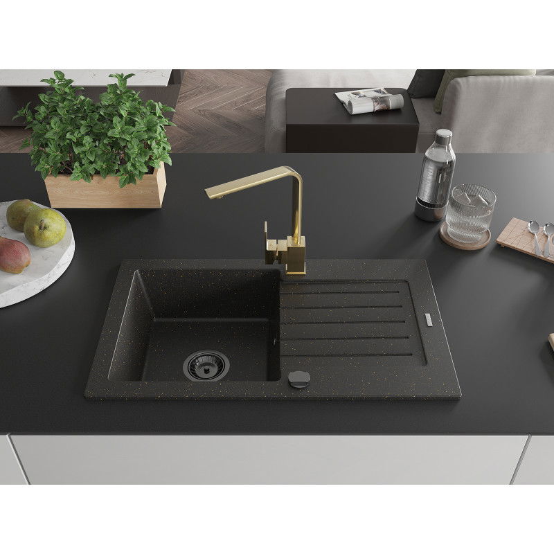 Mexen Pablo 1-bowl granite sink with drainer and Rita kitchen tap, black/golden metallic- 6510-75-670300-50-B