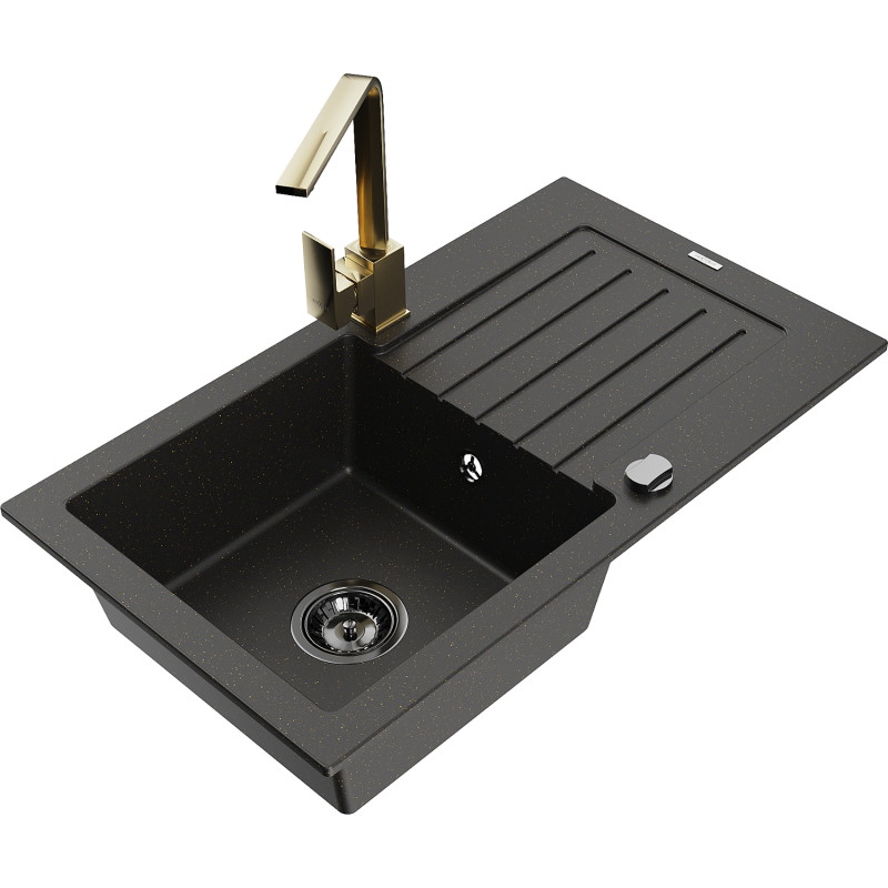 Mexen Pablo Granite Sink 1-Bowl with Drainer and Kitchen Faucet Rita, Black/Gold Metallic - 6510-75-670300-50-B