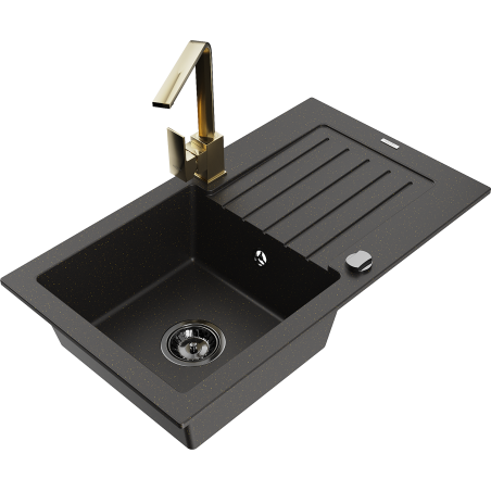 Mexen Pablo Granite Sink 1-Bowl with Drainer and Kitchen Faucet Rita, Black/Gold Metallic - 6510-75-670300-50-B