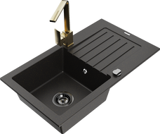 Mexen Pablo 1-compartment granite sink with a drip tray and kitchen mixer tap Rita, Black/Gold metallic- 6510-75-670300-50-B