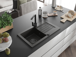 Mexen Pablo 1-compartment granite sink with a drip tray and kitchen mixer tap Rita, Black/Gold metallic- 6510-75-670300-70-B