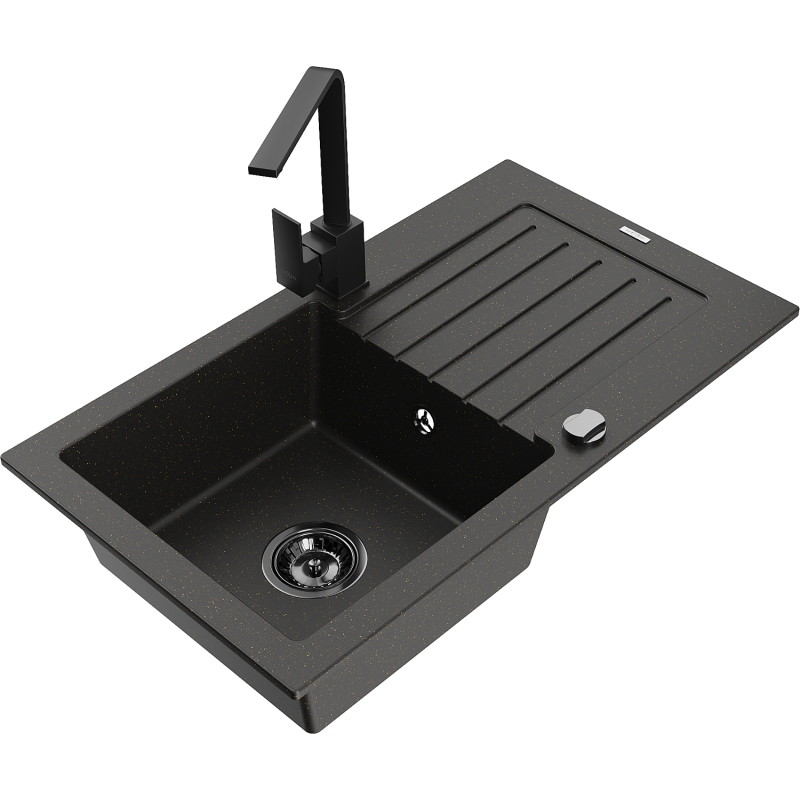 Mexen Pablo granite sink 1-bowl with drainer and kitchen faucet Rita, black/gold metallic - 6510-75-670300-70-B