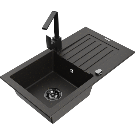 Mexen Pablo 1-compartment granite sink with a drip tray and kitchen mixer tap Rita, Black/Gold metallic- 6510-75-670300-70-B