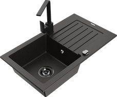Mexen Pablo 1-compartment granite sink with a drip tray and kitchen mixer tap Rita, Black/Gold metallic- 6510-75-670300-70-B
