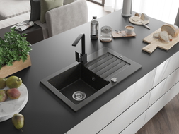 Mexen Pablo granite kitchen sink with one bowl, drainer, and kitchen faucet Rita, black/gold metallic - 6510-75-670300-70