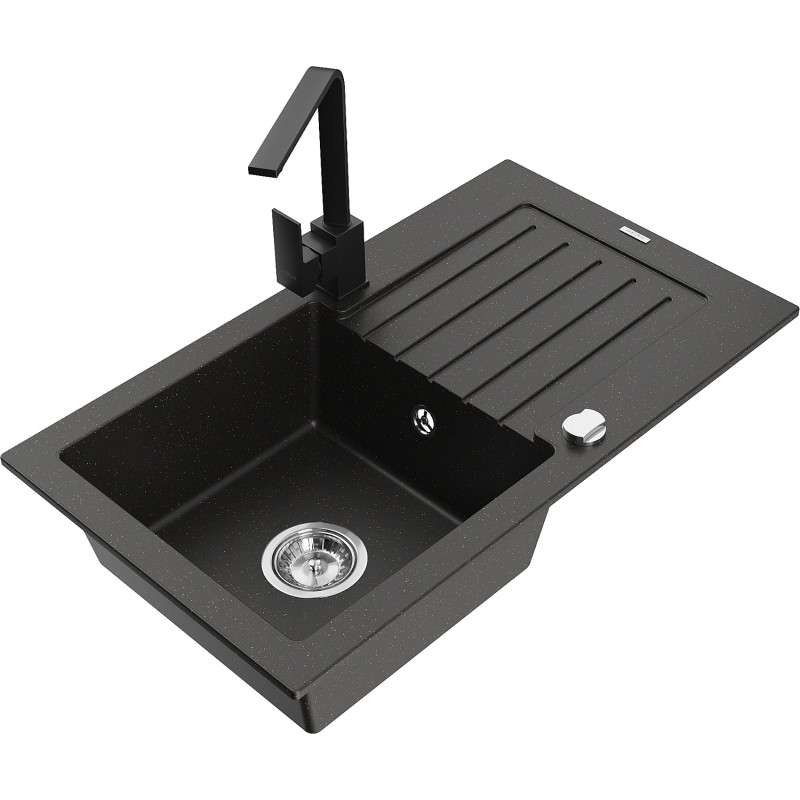 Mexen Pablo granite sink 1-bowl with drainer and kitchen faucet Rita, black/gold metallic - 6510-75-670300-70