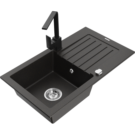 Mexen Pablo granite sink 1-bowl with drainer and kitchen faucet Rita, black/gold metallic - 6510-75-670300-70