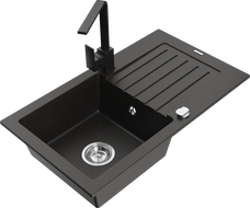 Mexen Pablo 1-compartment granite sink with a drip tray and kitchen mixer tap Rita, Black/Gold metallic- 6510-75-670300-70