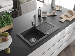 Mexen Pablo granite sink 1-bowl with drainer and Rita kitchen tap, black speckled - 6510-76-670300-00