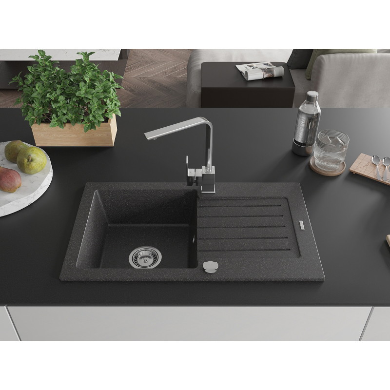 Mexen Pablo granite kitchen sink 1-bowl with drainer and Rita kitchen faucet, black speckled - 6510-76-670300-00