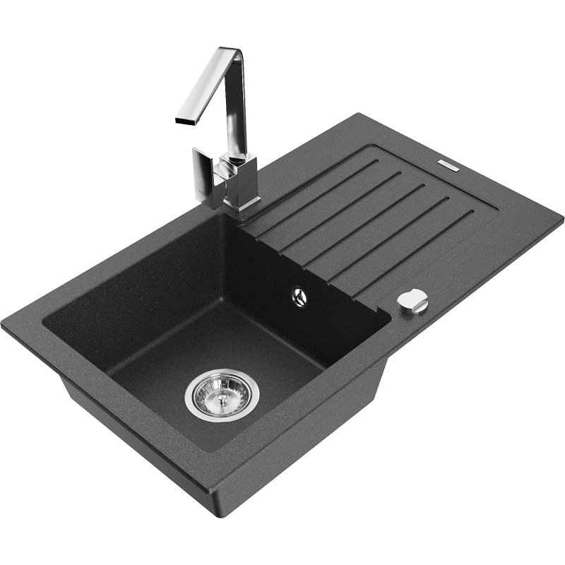 Mexen Pablo 1-compartment granite sink with a drip tray and kitchen mixer tap Rita, spotted black- 6510-76-670300-00