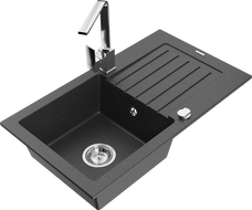 Mexen Pablo granite sink 1-bowl with drainer and Rita kitchen tap, black speckled - 6510-76-670300-00