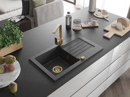 Mexen Pablo 1-compartment granite sink with a drip tray and kitchen mixer tap Rita, spotted black- 6510-76-670300-50