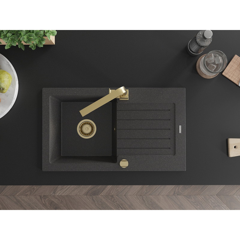 Mexen Pablo granite kitchen sink with one basin, drainer and kitchen faucet Rita, speckled black - 6510-76-670300-50