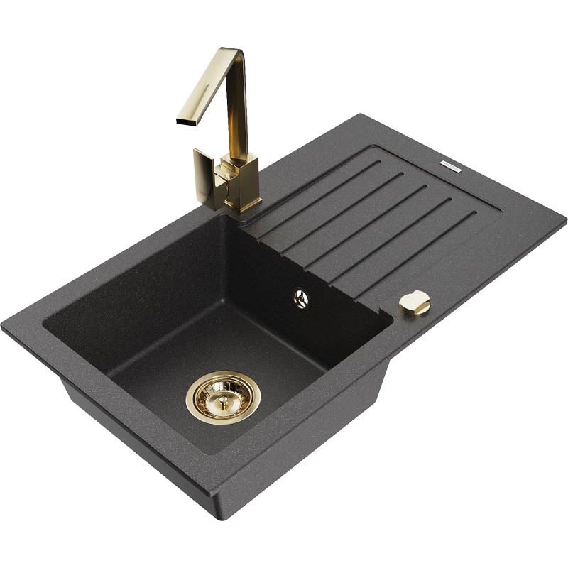 Mexen Pablo granite kitchen sink with one basin, drainer and kitchen faucet Rita, speckled black - 6510-76-670300-50