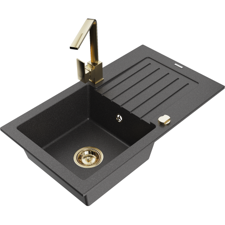 Mexen Pablo granite kitchen sink with one basin, drainer and kitchen faucet Rita, speckled black - 6510-76-670300-50