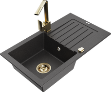 Mexen Pablo granite sink 1-bowl with drainer and Rita kitchen tap, black speckled- 6510-76-670300-50