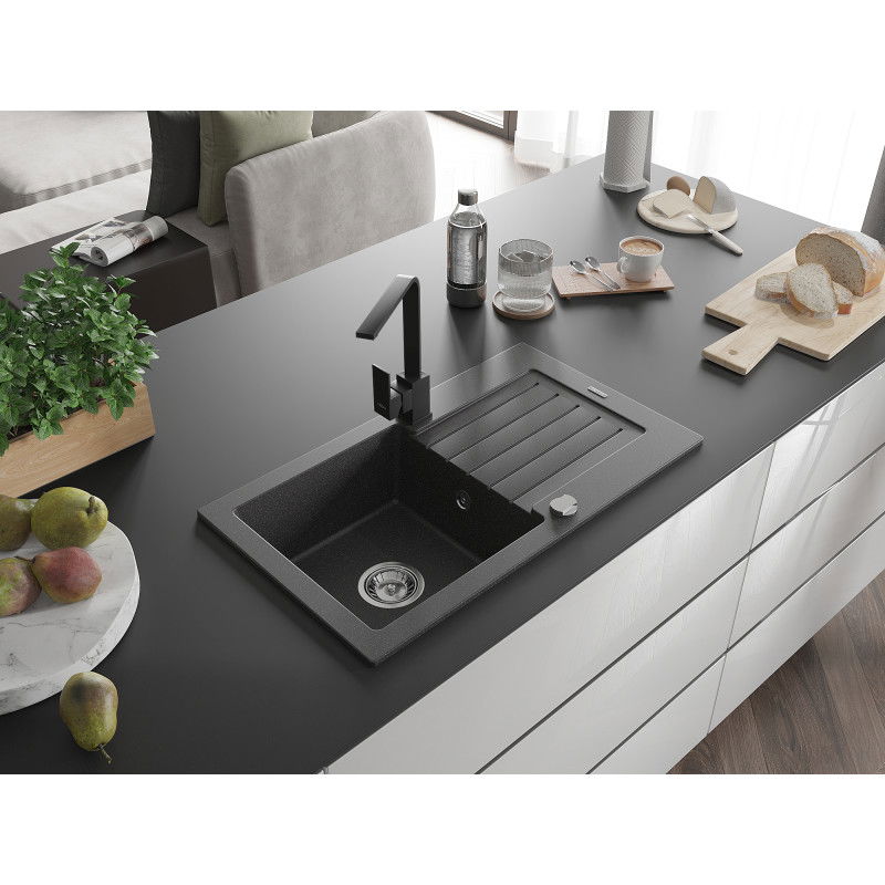 Mexen Pablo 1-bowl granite sink with drainer and Rita kitchen tap, black speckled - 6510-76-670300-70