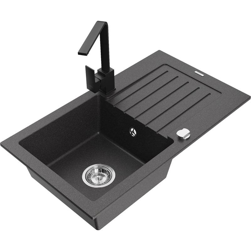Mexen Pablo 1-bowl granite sink with drainer and kitchen faucet Rita, speckled black - 6510-76-670300-70
