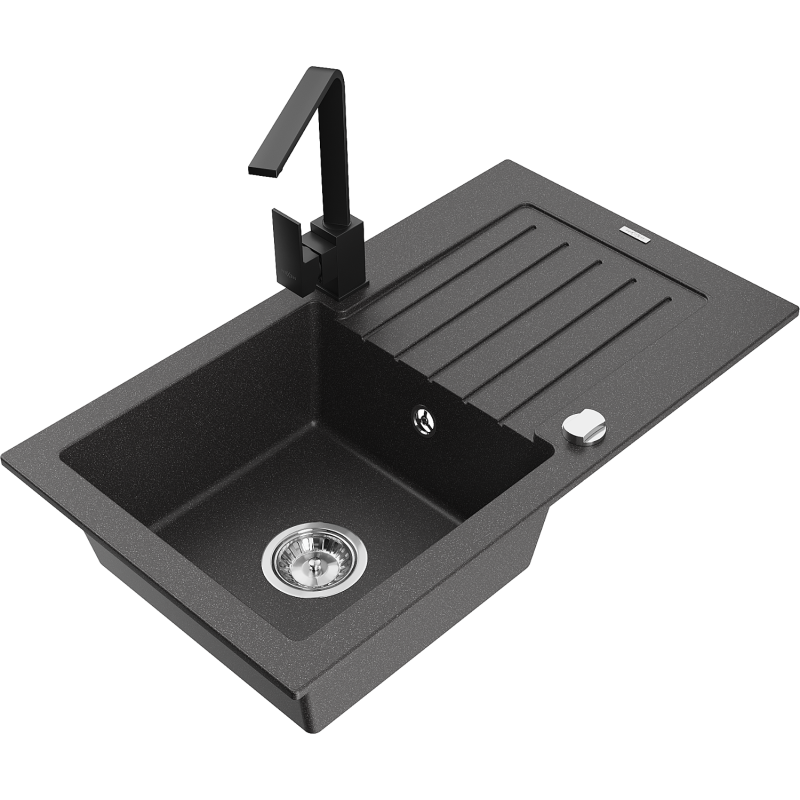 Mexen Pablo 1-compartment granite sink with a drip tray and kitchen mixer tap Rita, spotted black- 6510-76-670300-70