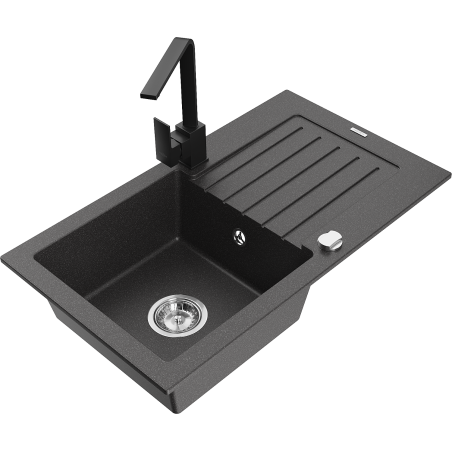 Mexen Pablo 1-bowl granite sink with drainer and kitchen faucet Rita, speckled black - 6510-76-670300-70