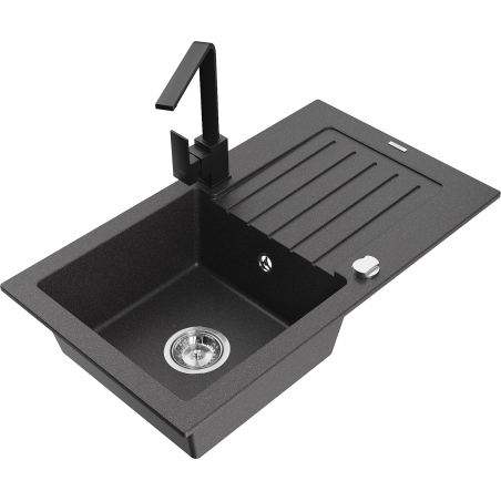 Mexen Pablo 1-bowl granite sink with drainer and Rita kitchen tap, black speckled - 6510-76-670300-70
