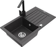 Mexen Pablo 1-bowl granite sink with drainer and Rita kitchen tap, black speckled - 6510-76-670300-70
