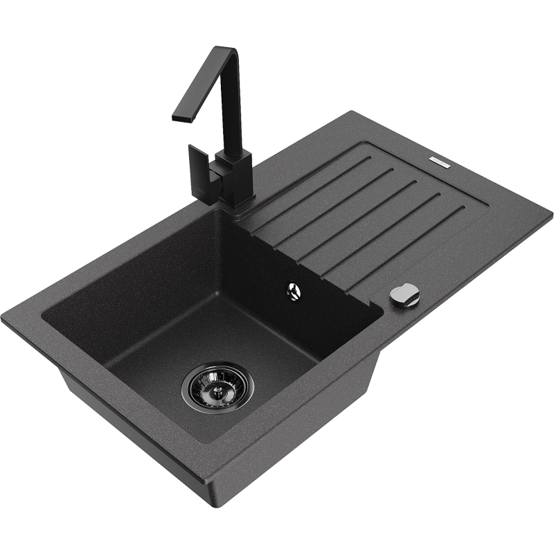 Mexen Pablo 1-compartment granite sink with a drip tray and kitchen mixer tap Rita, spotted black- 6510-76-670300-70-B