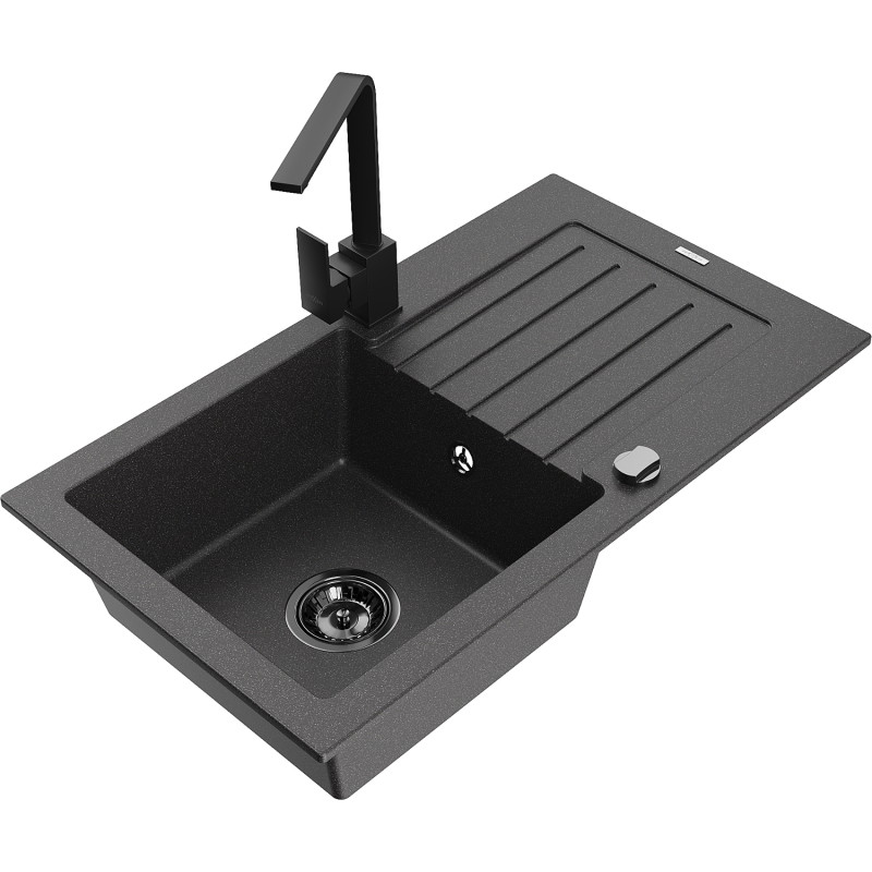 Mexen Pablo granite single-bowl sink with drainer and Rita kitchen faucet, black speckled - 6510-76-670300-70-B