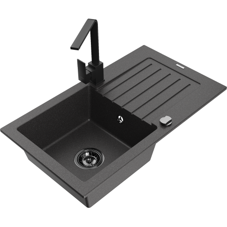 Mexen Pablo granite kitchen sink, 1-bowl with drainer and Rita kitchen tap, black speckled - 6510-76-670300-70-B