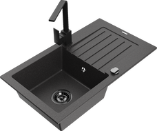Mexen Pablo granite kitchen sink, 1-bowl with drainer and Rita kitchen tap, black speckled - 6510-76-670300-70-B