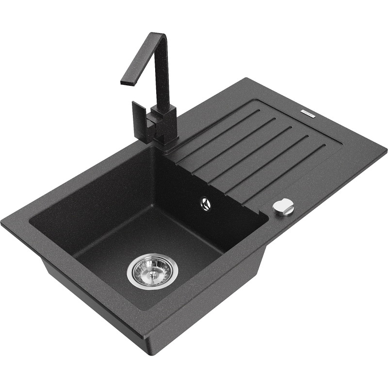 Mexen Pablo granite kitchen sink 1-bowl with drainer and kitchen faucet Rita, speckled black - 6510-76-670300-76