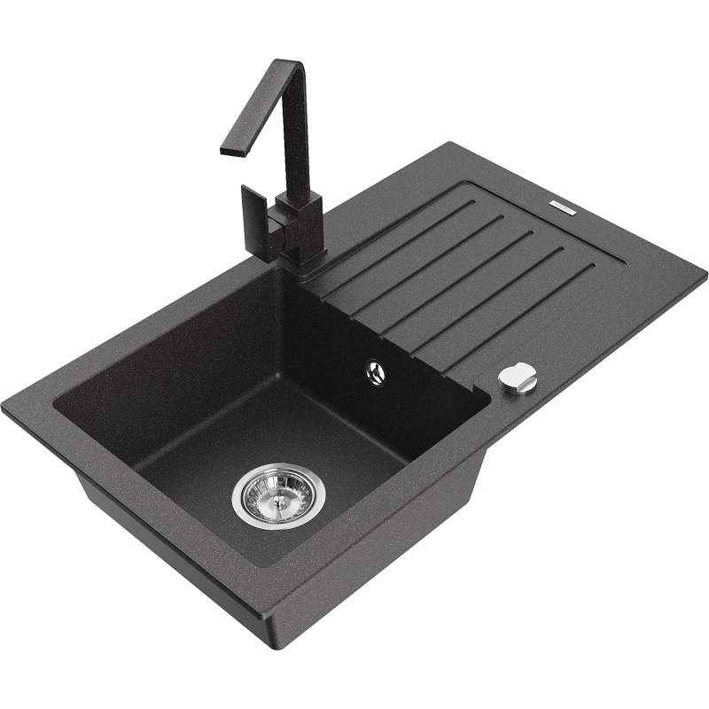 Mexen Pablo granite sink 1-bowl with drainer and Rita kitchen tap, black speckled- 6510-76-670300-76