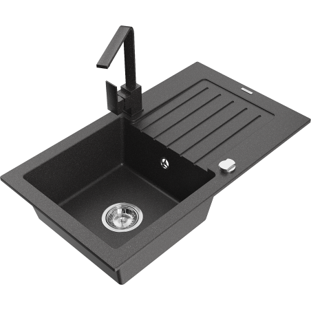Mexen Pablo granite kitchen sink 1-bowl with drainer and kitchen faucet Rita, speckled black - 6510-76-670300-76